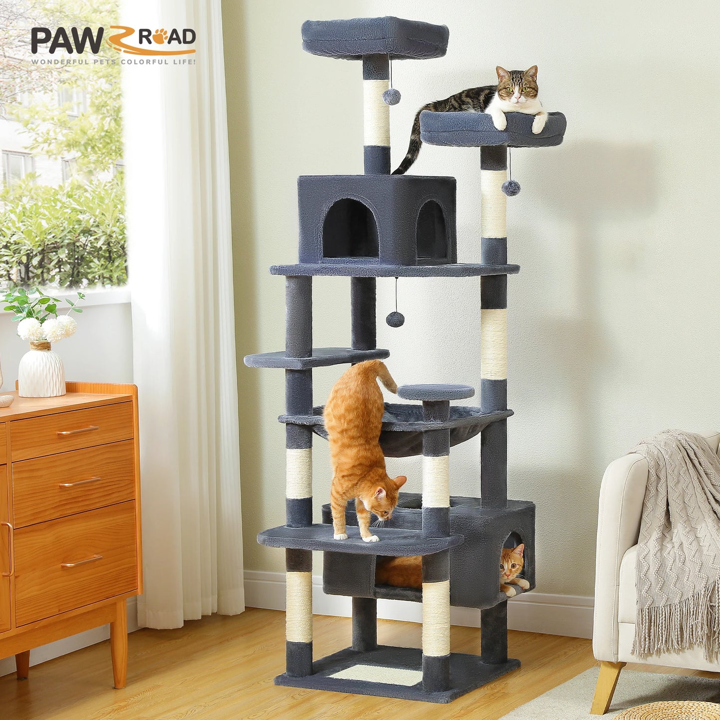 Arbre à chat multi-niveaux avec griffoirs sisal, hamac et perchoirs - Pour chats d'intérieur
