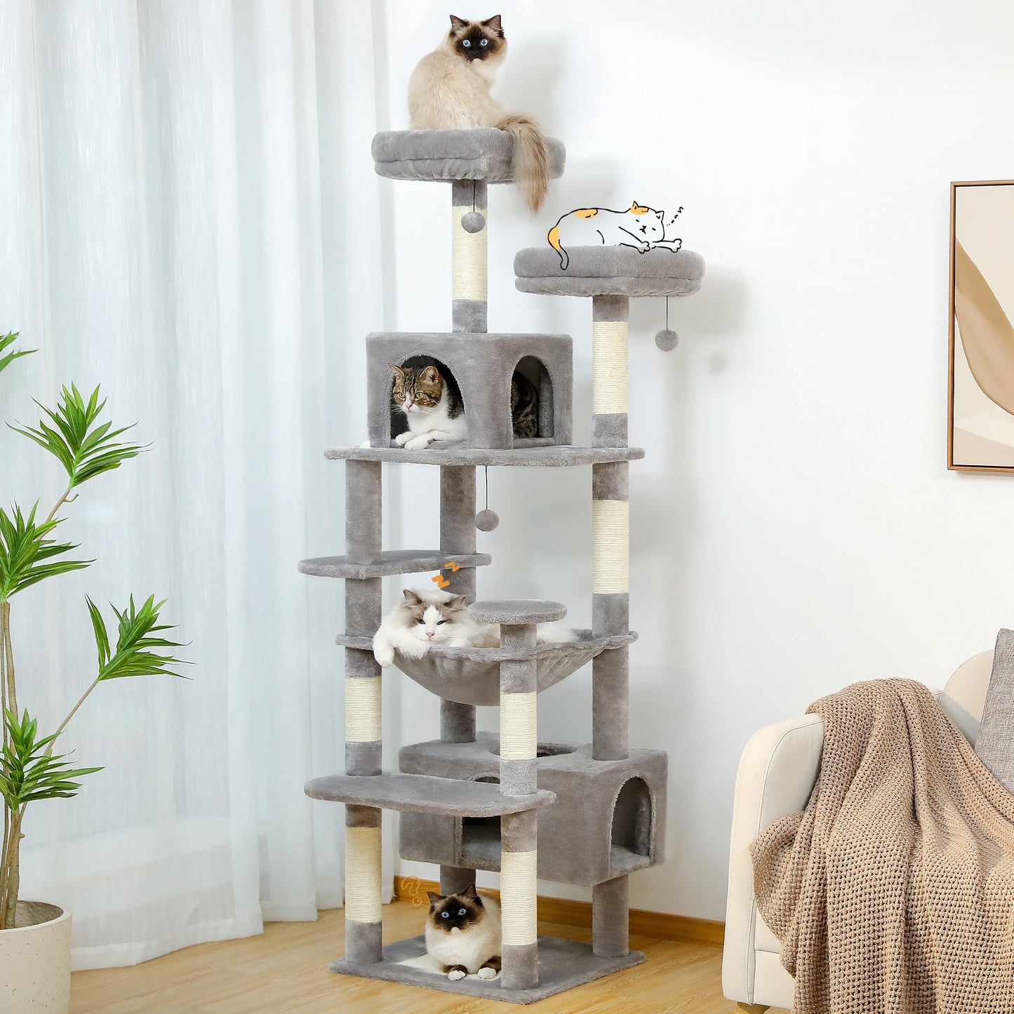 Arbre à chat multi-niveaux avec griffoirs sisal, hamac et perchoirs - Pour chats d'intérieur